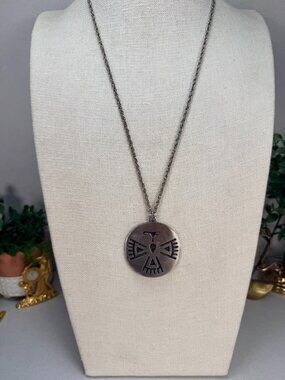 Signed Western Thunderbird Pendant Necklace Southwest Silver Tone